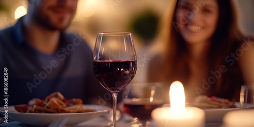 A romantic setting at a restaurant with lit candles and wine glasses.