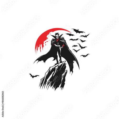 Vintage engraving of a vampire count in a long cape standing on a jagged cliff with a red moon and bats.
