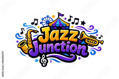 Vibrant jazz festival logo with musical instruments and carnival theme
