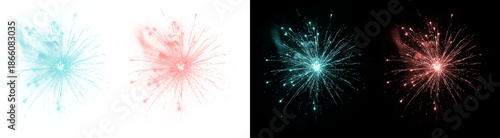 Foto PNG image of Collection of four vibrant exploding fireworks bursts featuring cya