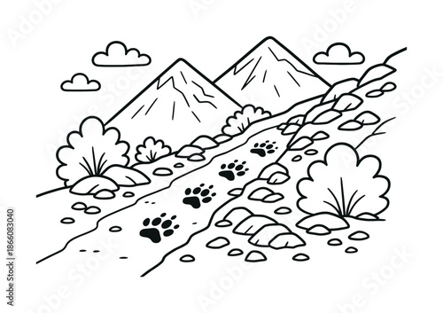 Animal Footprints Adventure. Mountain trail prints children?s coloring book illustration, outlined drawing, animal footprints climbing a rocky slope with