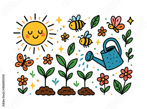 Vibrant Garden Doodle. Sunlight and Growth. Colorful Hand-drawn doodle Children illustration bright sun, plant sprouts, leaves, flowers, garden, watering can,