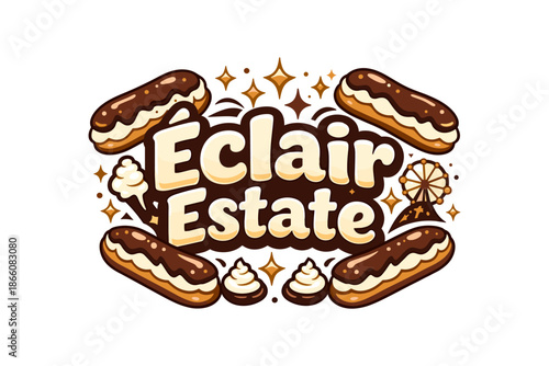 Eclair estate: retro bakery logo design with chocolate and cream elements