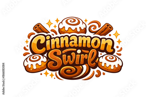 Cinnamon pastry logo with decorative swirls and icing details