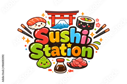 Colorful sushi station logo with cute japanese food elements and playful design