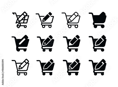 Back-to-School Logos. Back-to-school shopping. Icon set. Set Logo of Back-to-school shopping: shopping cart. harmonious logo variations of the same emblematic