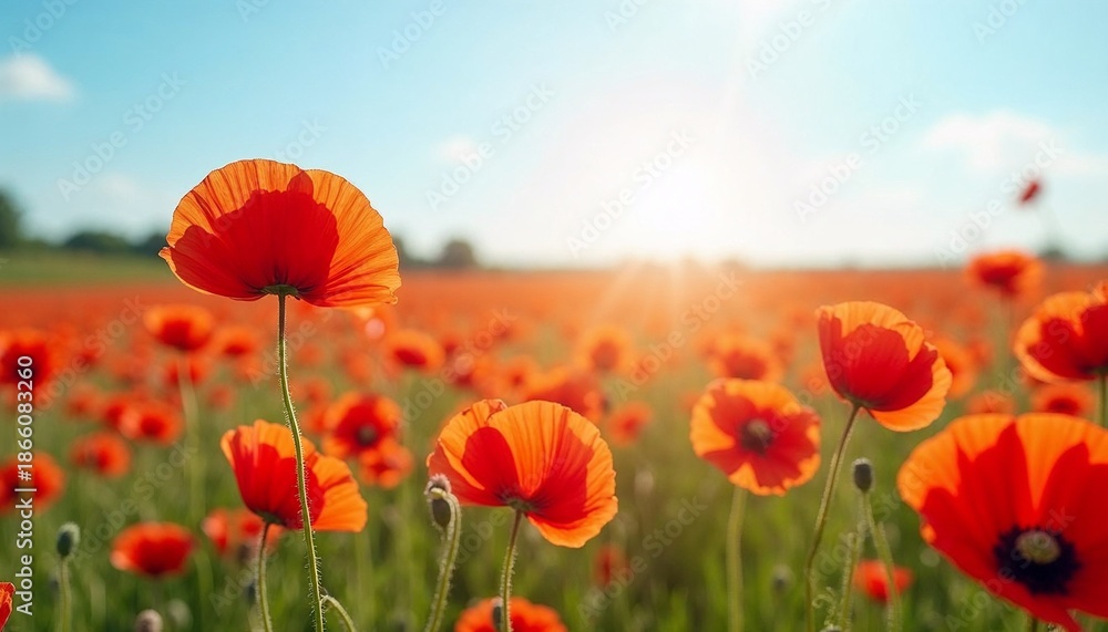 Fototapeta premium Vibrant red poppies blooming in a sunny field at daytime 