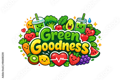 Colorful cartoon fruits and veggies with smoothie and heart elements