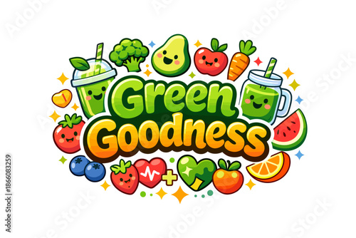 Colorful cute fruit smoothie and juice characters with healthy icons