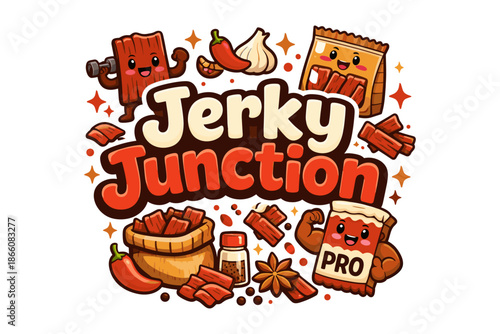 Cute cartoon jerky characters with spices and fun packaging design