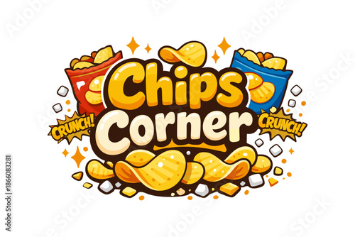 Colorful snack chips logo design with crunchy tribal elements