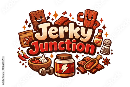 Playful cartoon jerky design with spices, peppers, and sauces