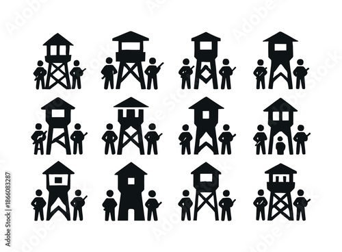 Military Checkpoint Logos. A military checkpoint with soldiers keeping watch. Icon set. Set Logo of Military checkpoint: watchtower. harmonious logo variations