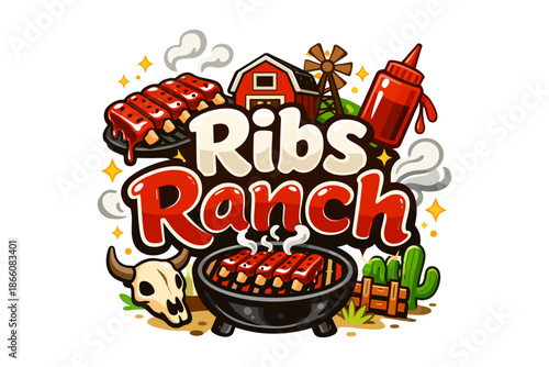 Ribs ranch bbq logo with grilled meat, barn, and cactus elements