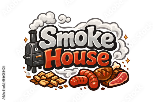 Smokehouse barbecue logo with smoker, sausages, and wood chips in cartoon style