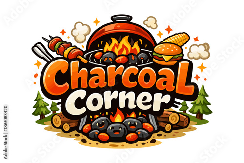 Charcoal corner: vibrant bbq grill with food icons