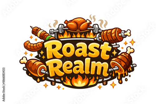 Barbecue feast emblem with grilled meats on skewers and flaming text for cooking brand