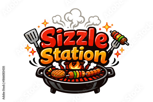 Bbq grill logo with skewers and spatula in colorful cartoon style