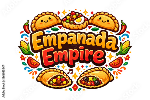 Colorful empanada design featuring smiling faces and ingredients