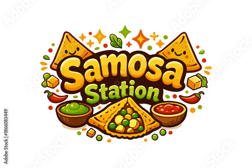 Colorful cartoon samosa design with smiling faces and spices