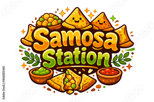 Colorful samosa food station with cute cartoon characters and delicious dips