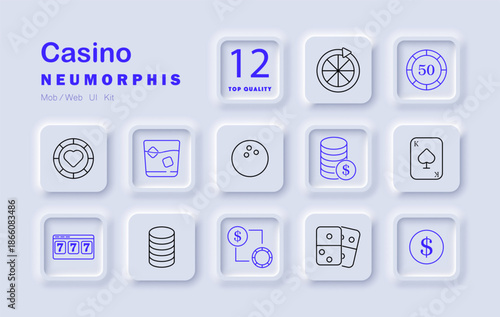 Casino set icon. Chips, drink, cards, slot, dice, coin, cocktail, layout, roulette, balance gambling tools for game, chance, entertainment, risk, win, play, currency
