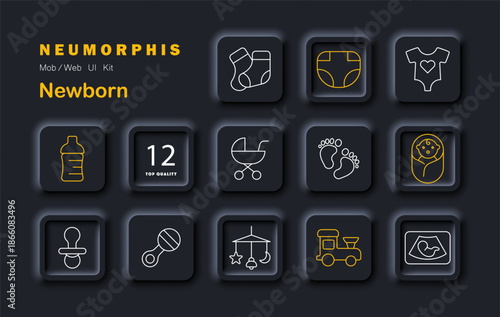 Newborn set icon. Bottle, stroller, diaper, socks, onesie, feet, pacifier, toy, swaddle, scan, mobile, train in outlined neumorphic baby theme.