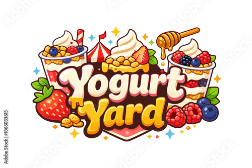 Colorful cartoon yogurt dessert design with berries and honey elements