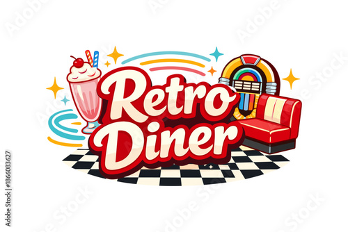 Retro diner vibes with milkshake, jukebox, and checkered floor