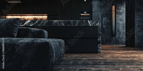 Photograph of a modern living room interior with a minimalist design and neutral color palette.