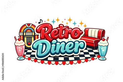 Vintage retro diner logo with jukebox, milkshakes, and checkered floor