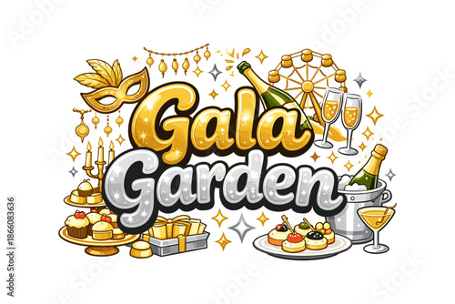 Elegant party celebration with garden theme featuring champagne and gourmet treats