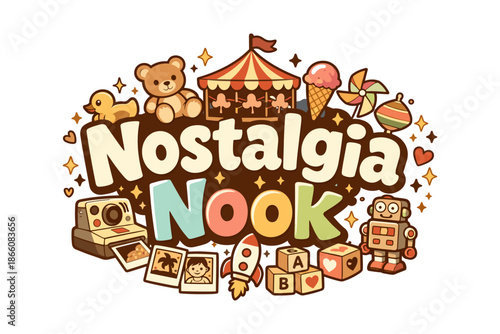 Retro toys and childhood memories collection in playful cartoon style