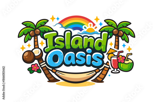 Tropical paradise cartoon logo with palm trees, hammock, and rainbow