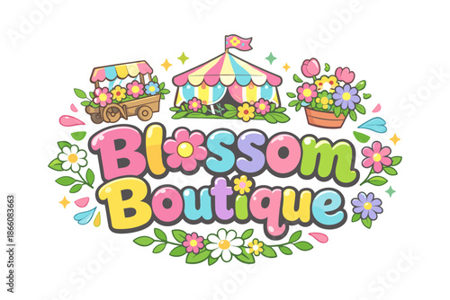 Colorful blossom boutique logo with flowers and cart in cartoon style