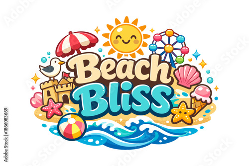 Colorful beach bliss summer design with playful elements and icons