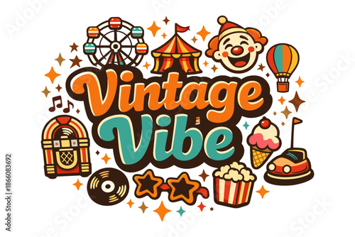Retro carnival sticker design with classic circus elements and vibrant colors