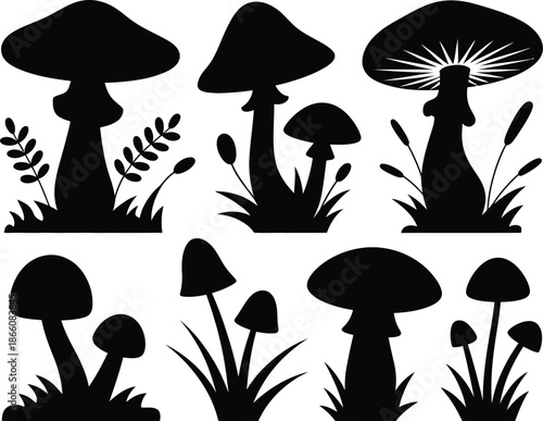 Black and white mushroom silhouette illustration vector set white background