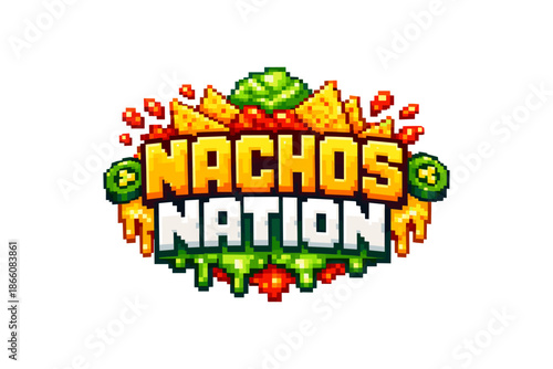 Colorful nachos nation logo with pixel art style and spicy elements