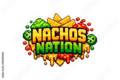 Colorful pixel art poster featuring nachos and salsa theme design