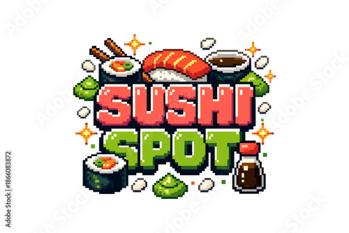 Nostalgic sushi graphics in vibrant 8-bit pixel art style