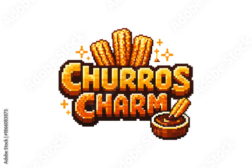 Pixelated churros logo with bright sparkles and cinnamon dip