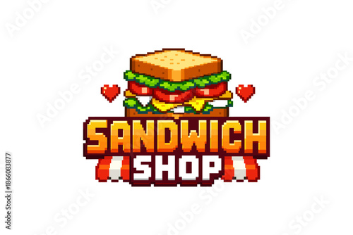 Retro pixel art sandwich shop logo with hearts and classic style