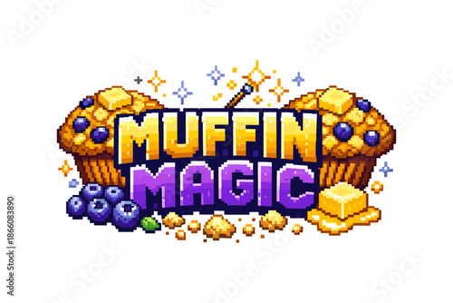 Pixel art muffin magic with blueberries and butter in retro style