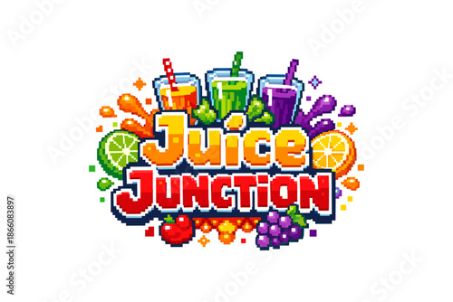 Colorful retro juice bar logo with pixel art style and fruit elements