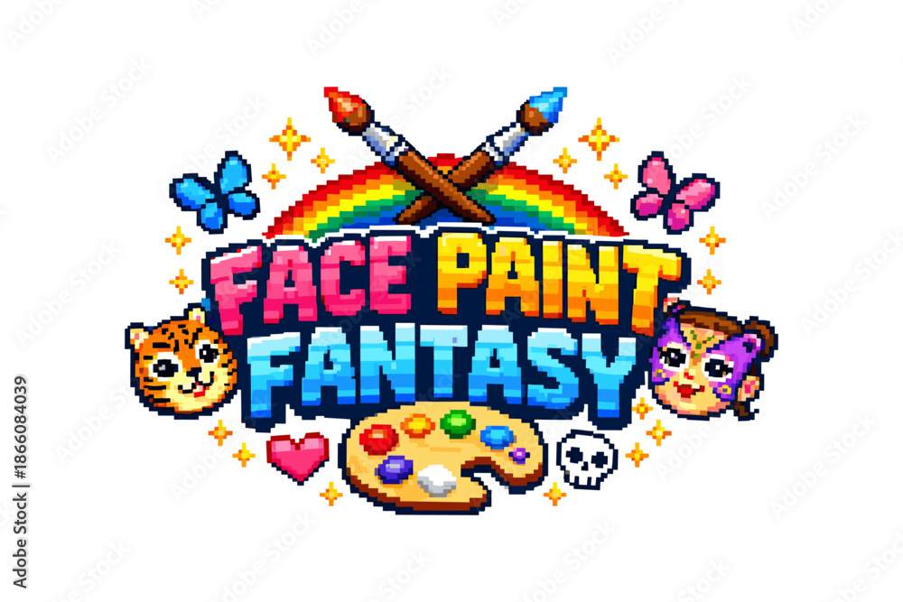 Fototapeta premium Colorful pixel art face paint elements with animals and rainbow
