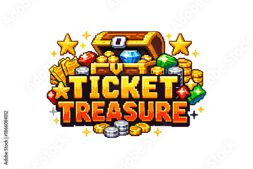 Retro pixel art treasure with tickets, coins, gems, and stars