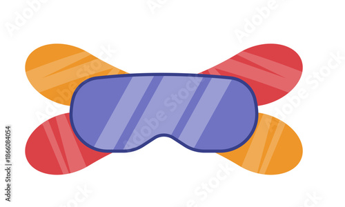 vibrant ski goggles and crossed skis showcase bold color stripes, mirrored lens, flat vector illustration style, playful winter sports vibe,