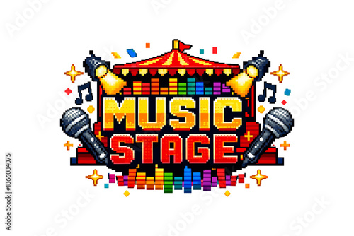 Colorful pixel art music stage with retro microphones and festival elements