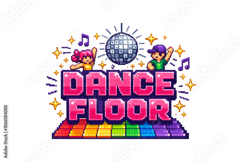 Retro pixel art dance party: vibrant disco theme with dynamic characters and colorful lights